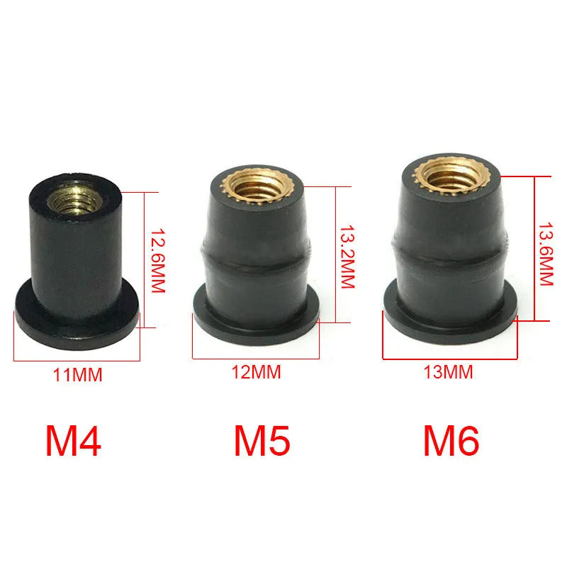 Ten black rubber brass expansion nuts for motorcycle windshield mounting in M4, M5, and M6 sizes.