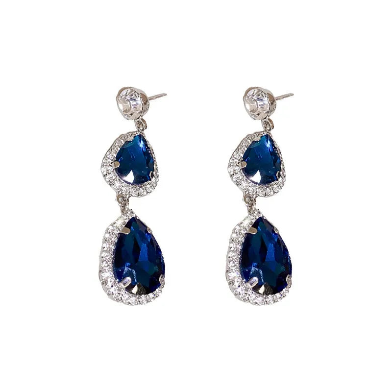 Blue silver needle water drop earrings and necklace set with zircon pendant on alloy clavicle chain court style
