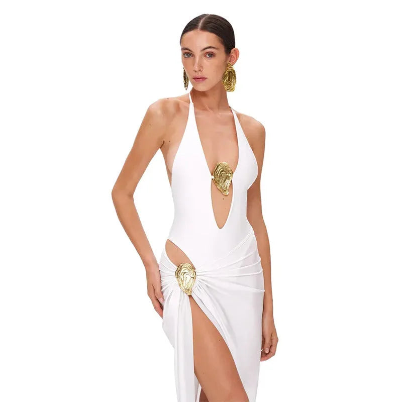 Plus size deep V-neck backless one-piece swimsuit with skirt set in black, nylon spandex fabric