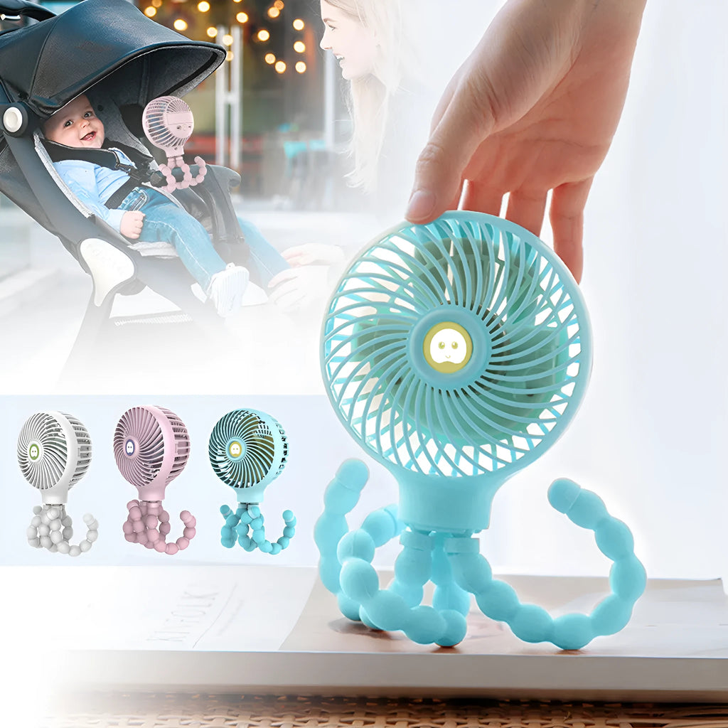 Octopus deformed folding fan with flexible tentacle legs in white, USB rechargeable, 2000mAh battery