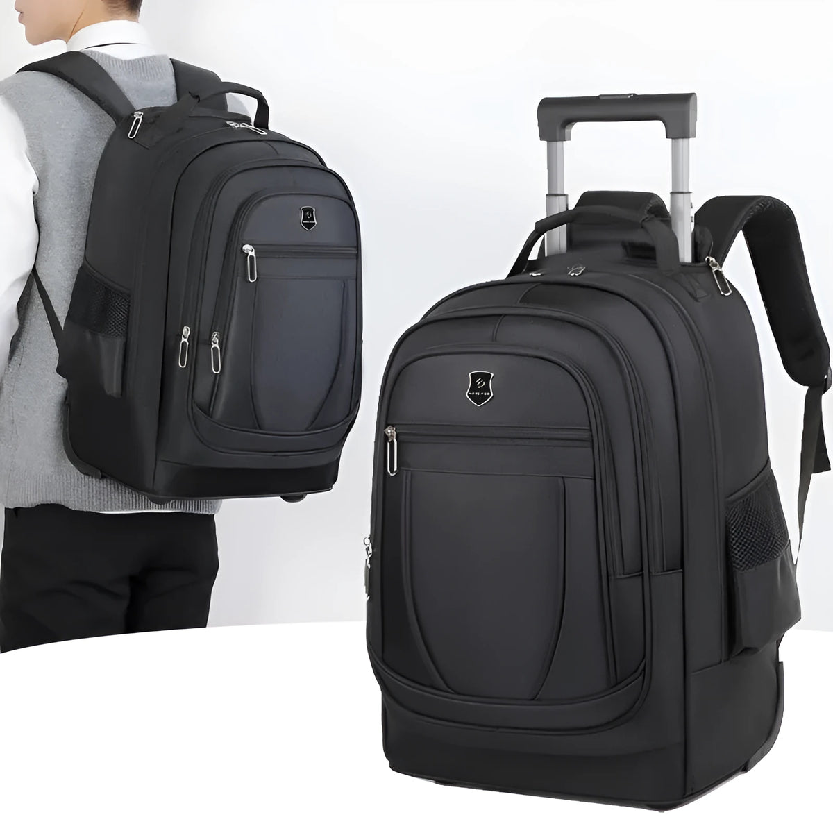 Large capacity drawbar Oxford cloth backpack in black with visible sewing thread, breathable back panel, and air pillow belt system