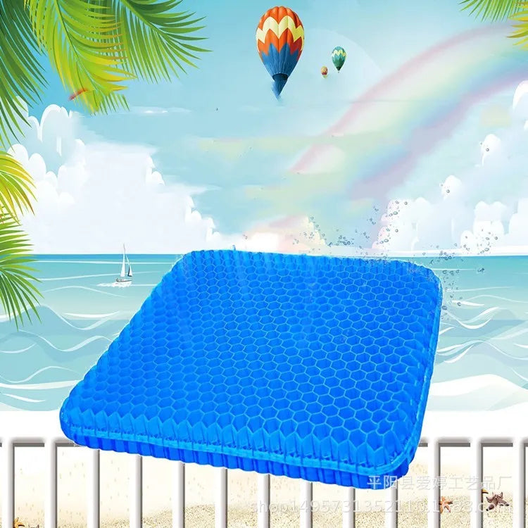 Gel seat cushion with honeycomb pattern showing removable PVC cover and measuring 24.5x17.5x3 cm
