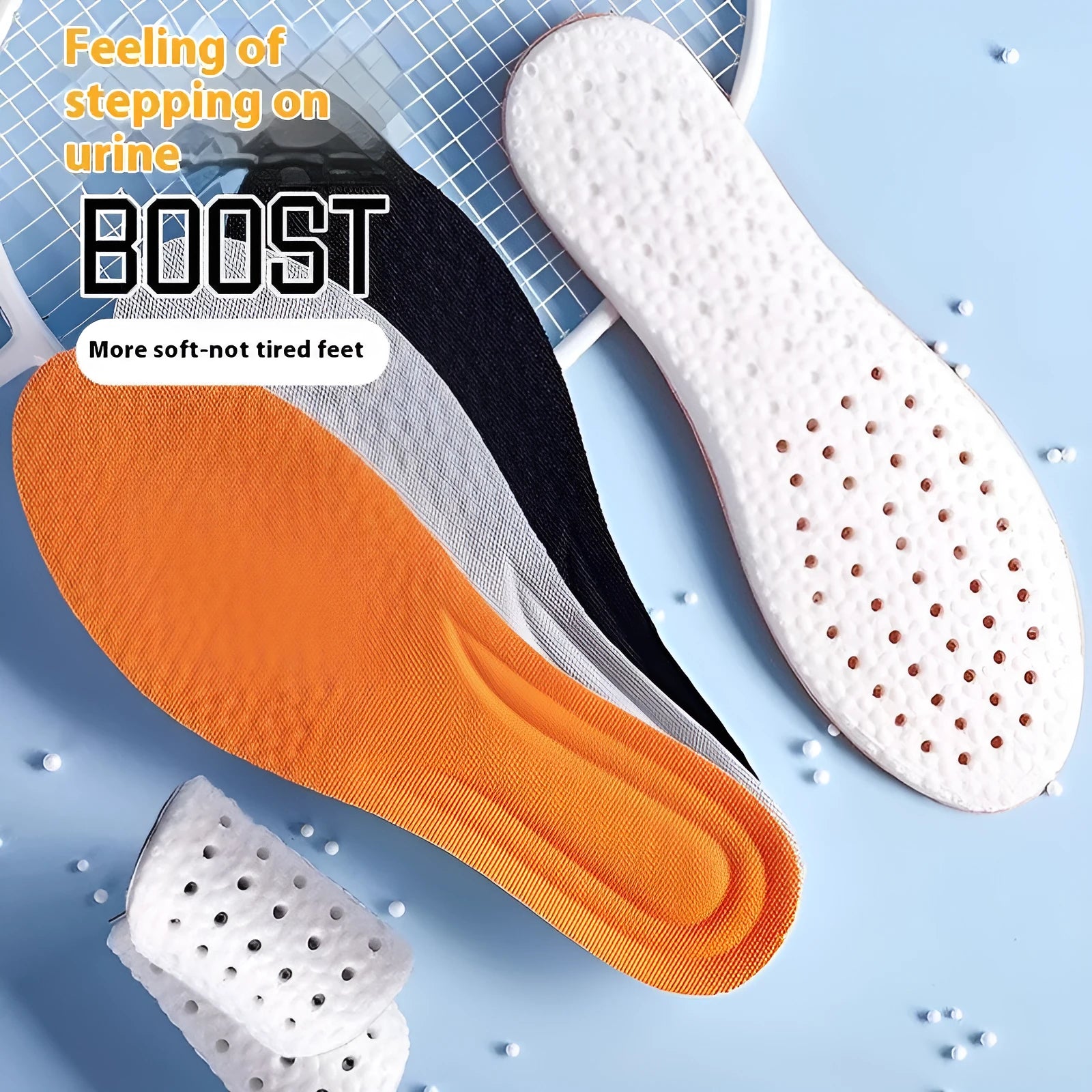 A pair of grey breathable sports insoles made of soft PU material, shown alongside scissors to illustrate the trimmable feature.