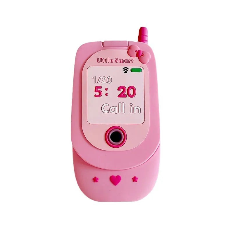 Pink silicone flip phone case for iPhone with a built-in compact mirror on the front.