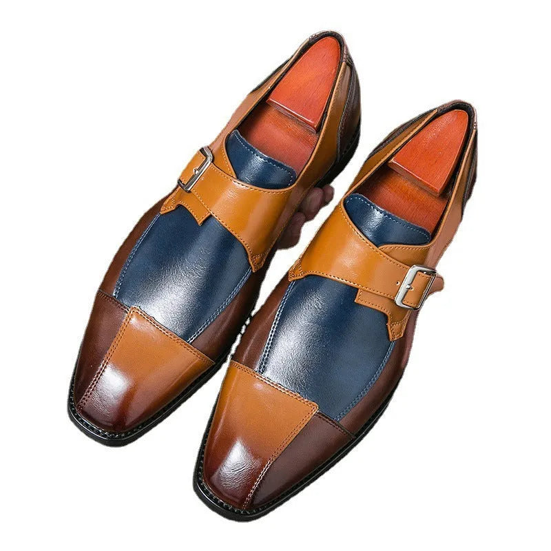 Men's British style casual leather shoes with retro buckle in black and brown blue options