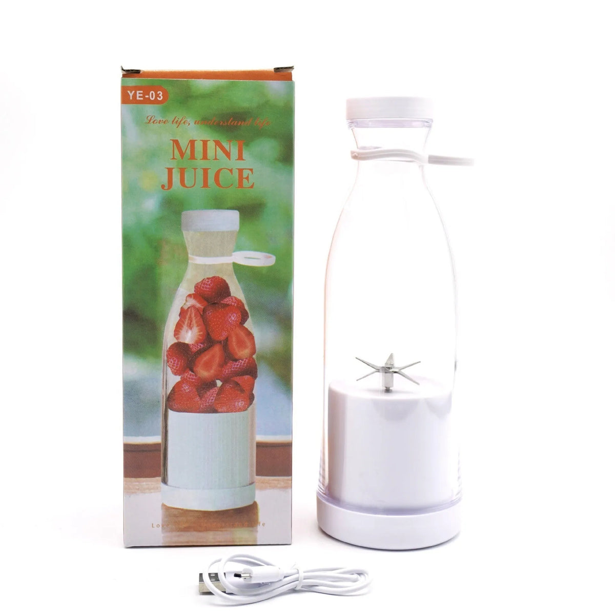 Electric USB wine bottle juicer cup with 6-leaf cutter head, PC food grade plastic liner, 400ml capacity, shown in white