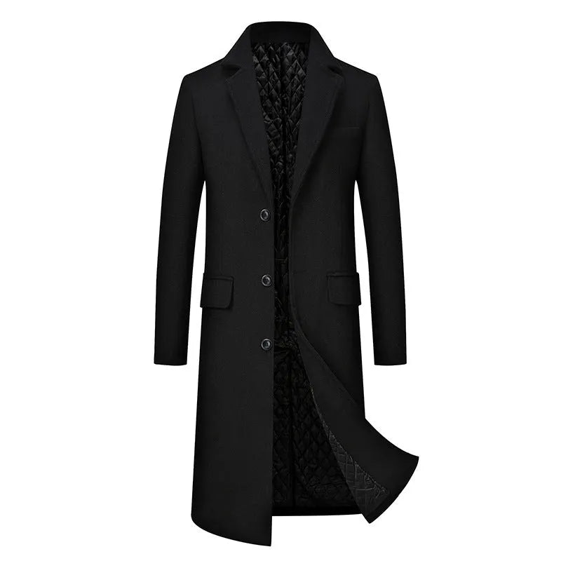 Men casual plus cotton long coat polyester blend lapel collar loose fit black colour