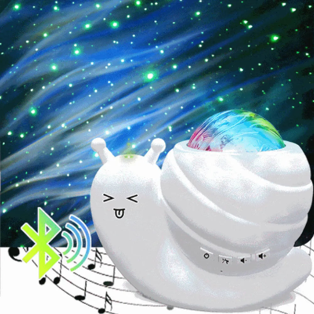 Snail-shaped starry sky projection lamp with remote control on bedside table