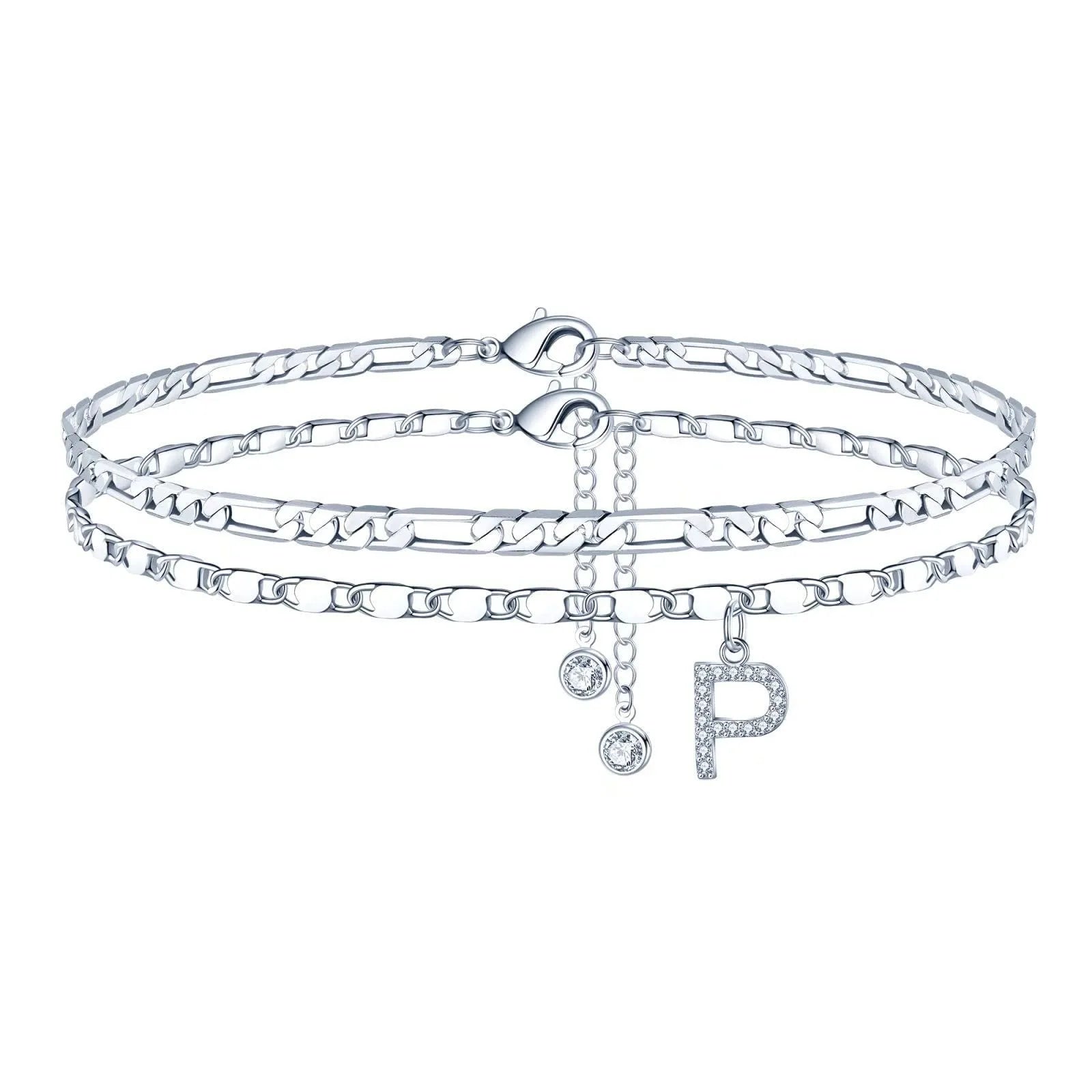 Silver-coloured double-circle bead copper anklet showing alphabet letter modelling on ankle.