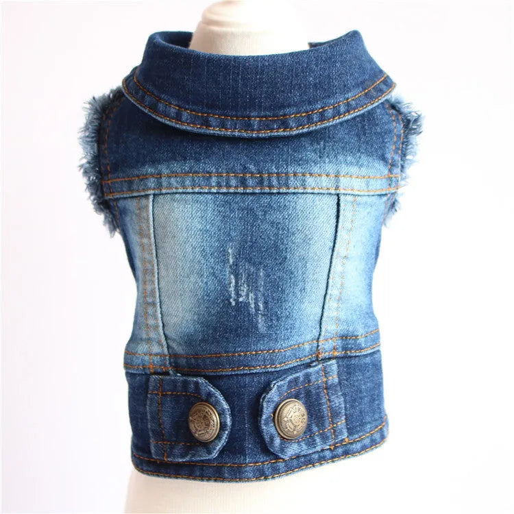 Small dog denim jacket vest in blue with cowboy hood and fringe, sizes XS to 2XL, machine-washable pet clothing