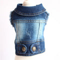 Small dog denim jacket vest in blue with cowboy hood and fringe, sizes XS to 2XL, machine-washable pet clothing