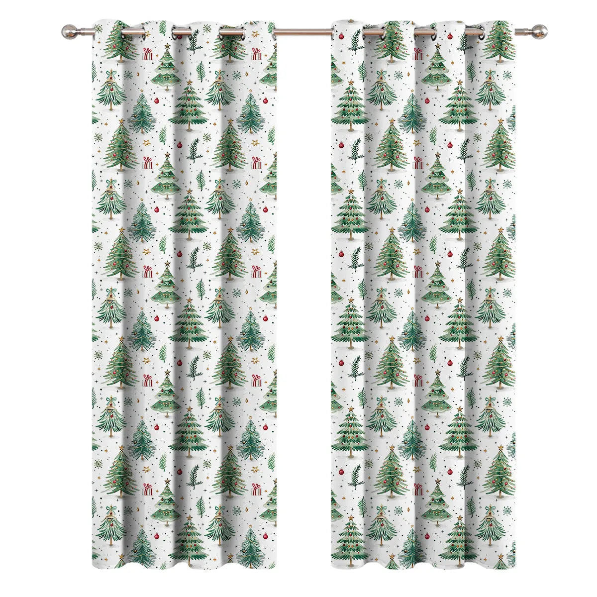 Polyester curtain with green Christmas Forest Punching pattern, shown hanging as a window treatment.