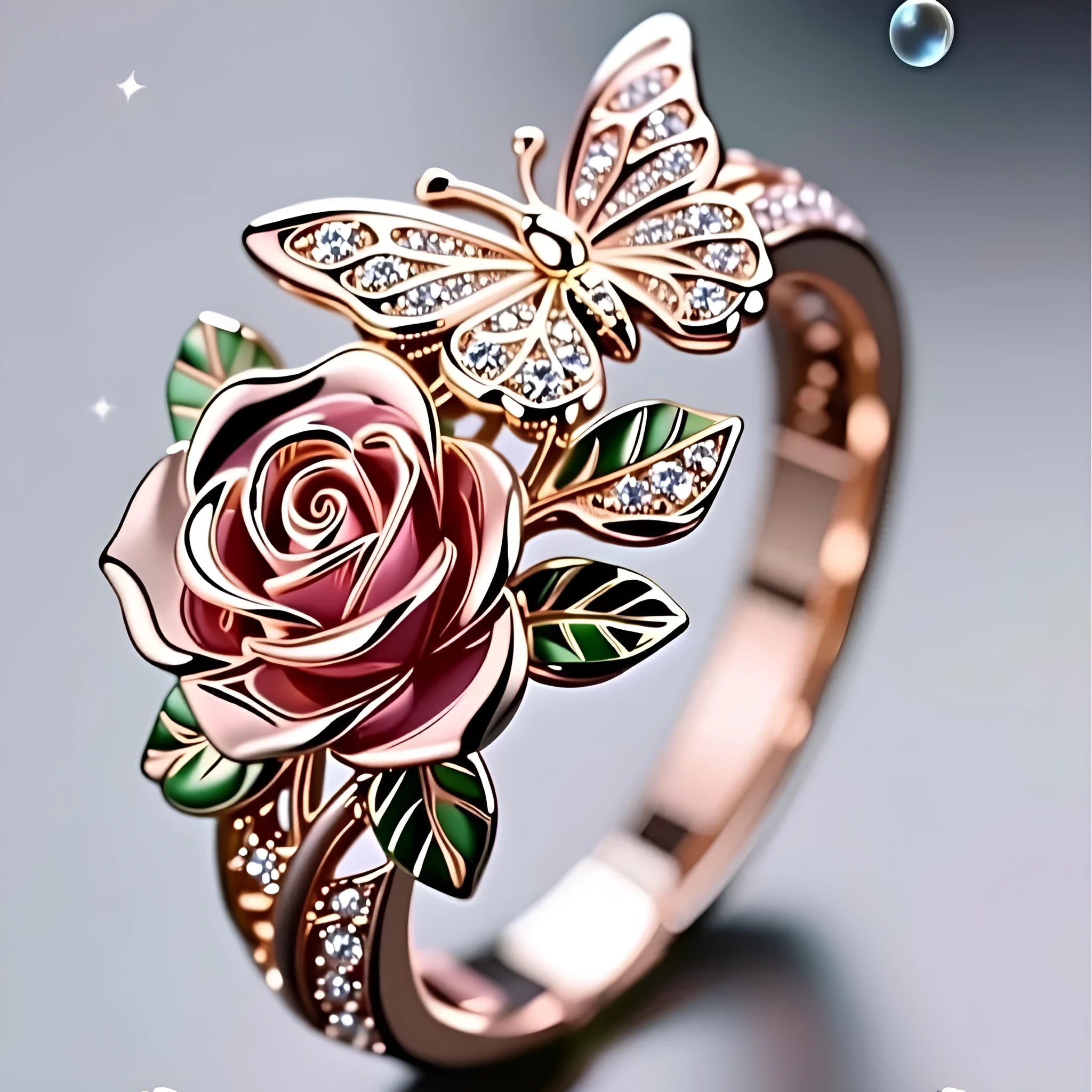 Adjustable fairy style personality ring with colourful oil butterfly and floral insect leaf design in alloy
