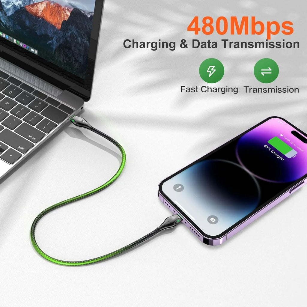 Black PD27W fast charge data cable with zinc alloy connector and indicator light for phone and tablet