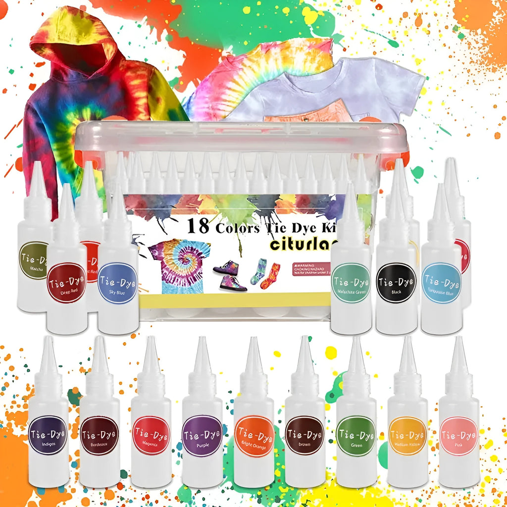 Children's 18 colour dye storage box set with tablecloth, gloves, and rubber bands on white background