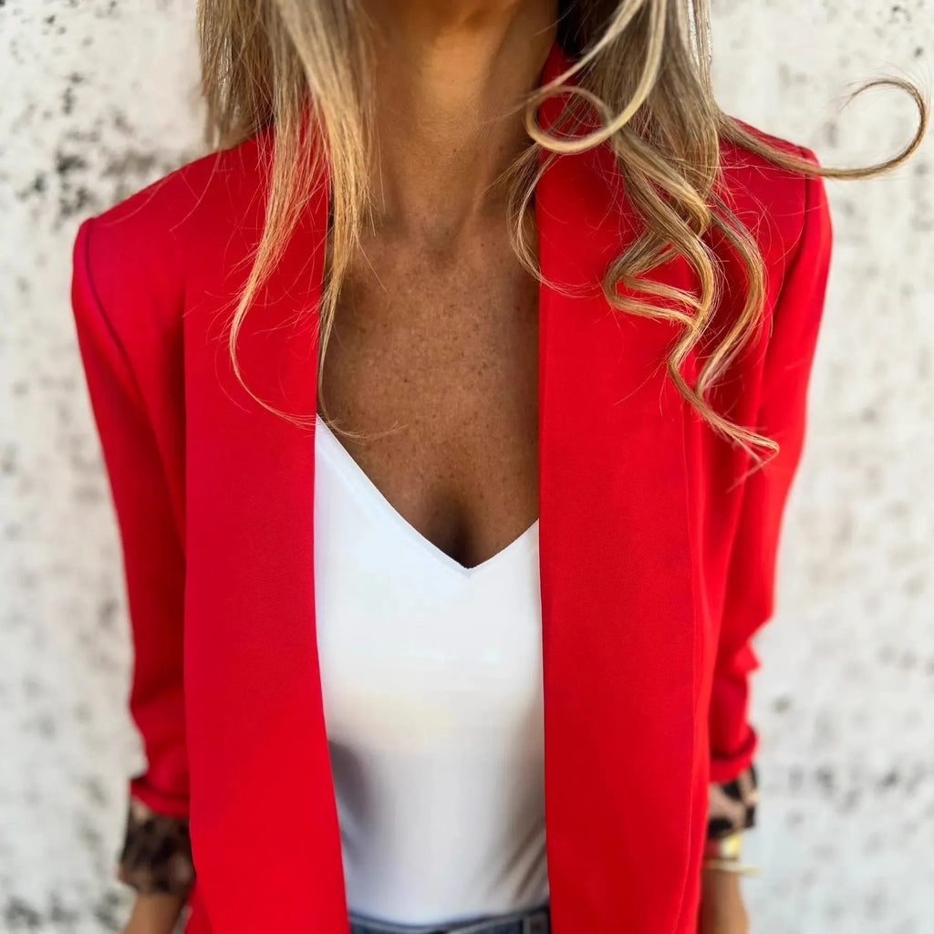 Women's black and red cheetah print slim fit blazer jacket with animal pattern design