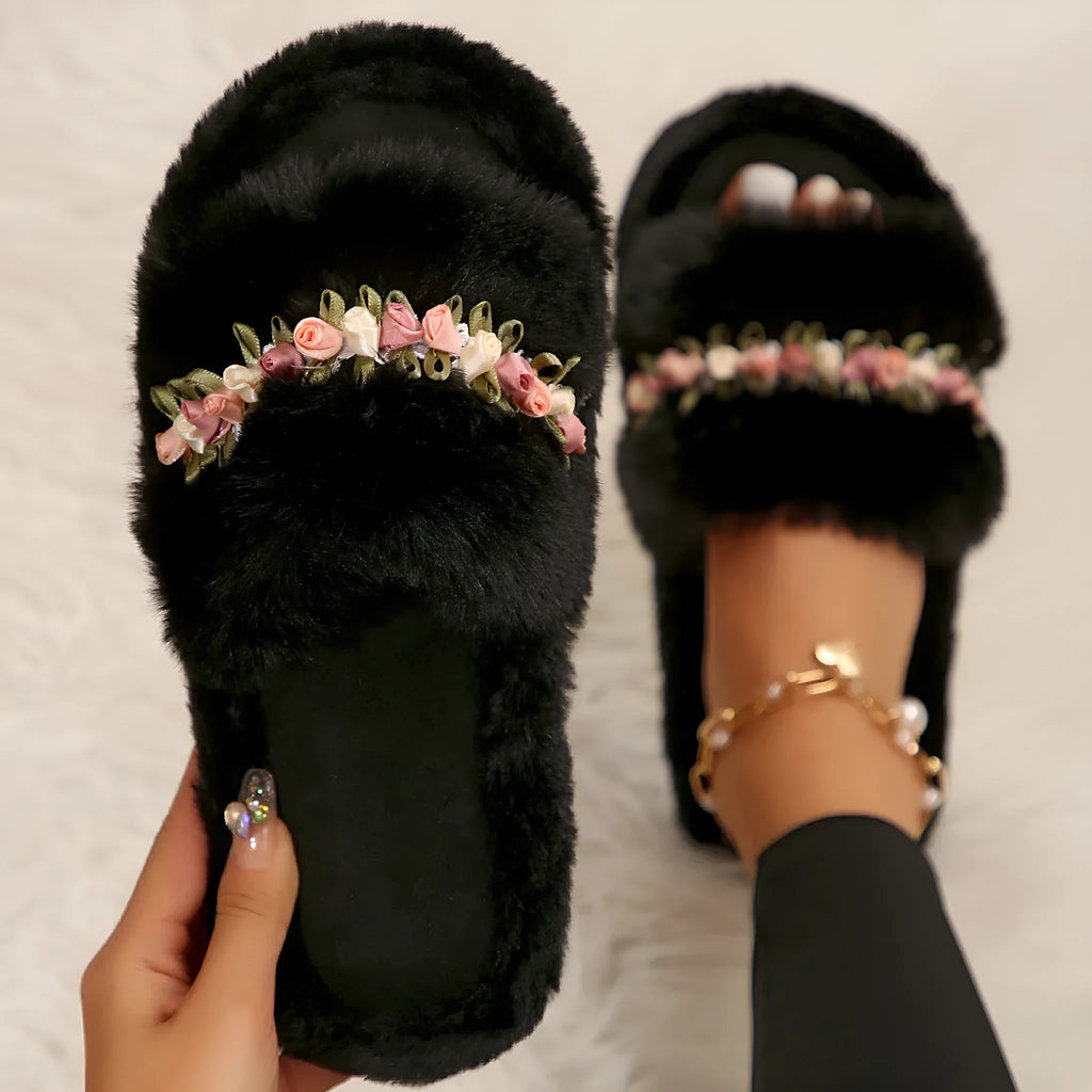 Flower fluffy slippers for women with artificial wool lining, cotton cloth upper, and rubber sole in white or black, sizes 36-43