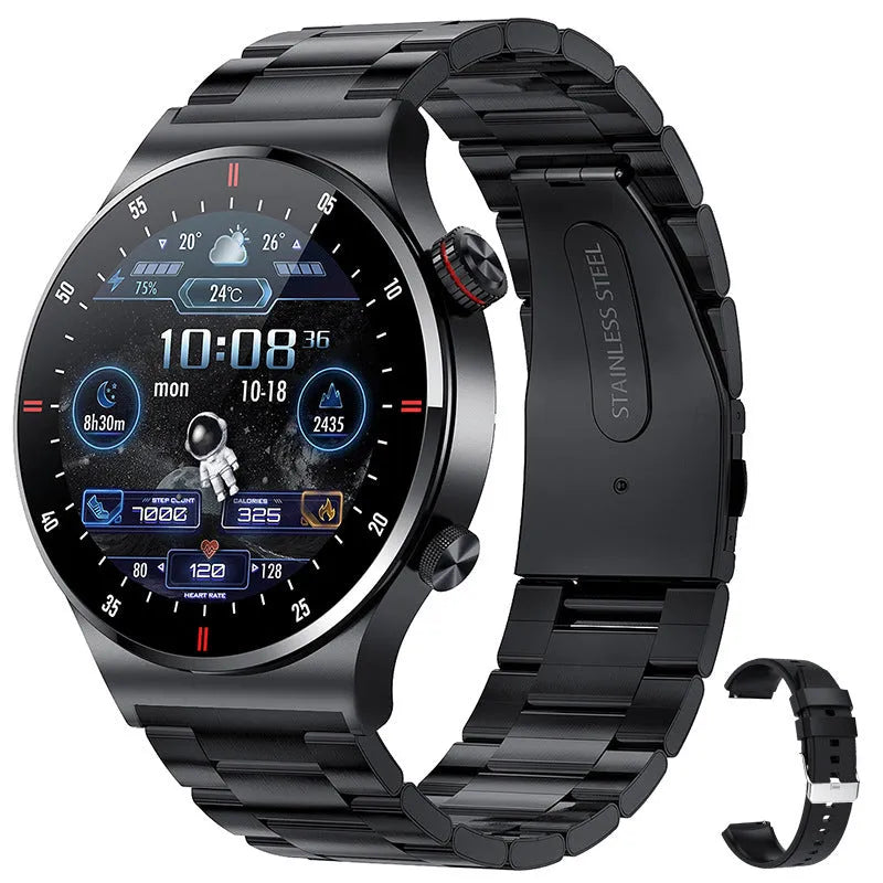 QW33 smart watch with black steel belt showing heart rate monitoring on 1.3-inch screen
