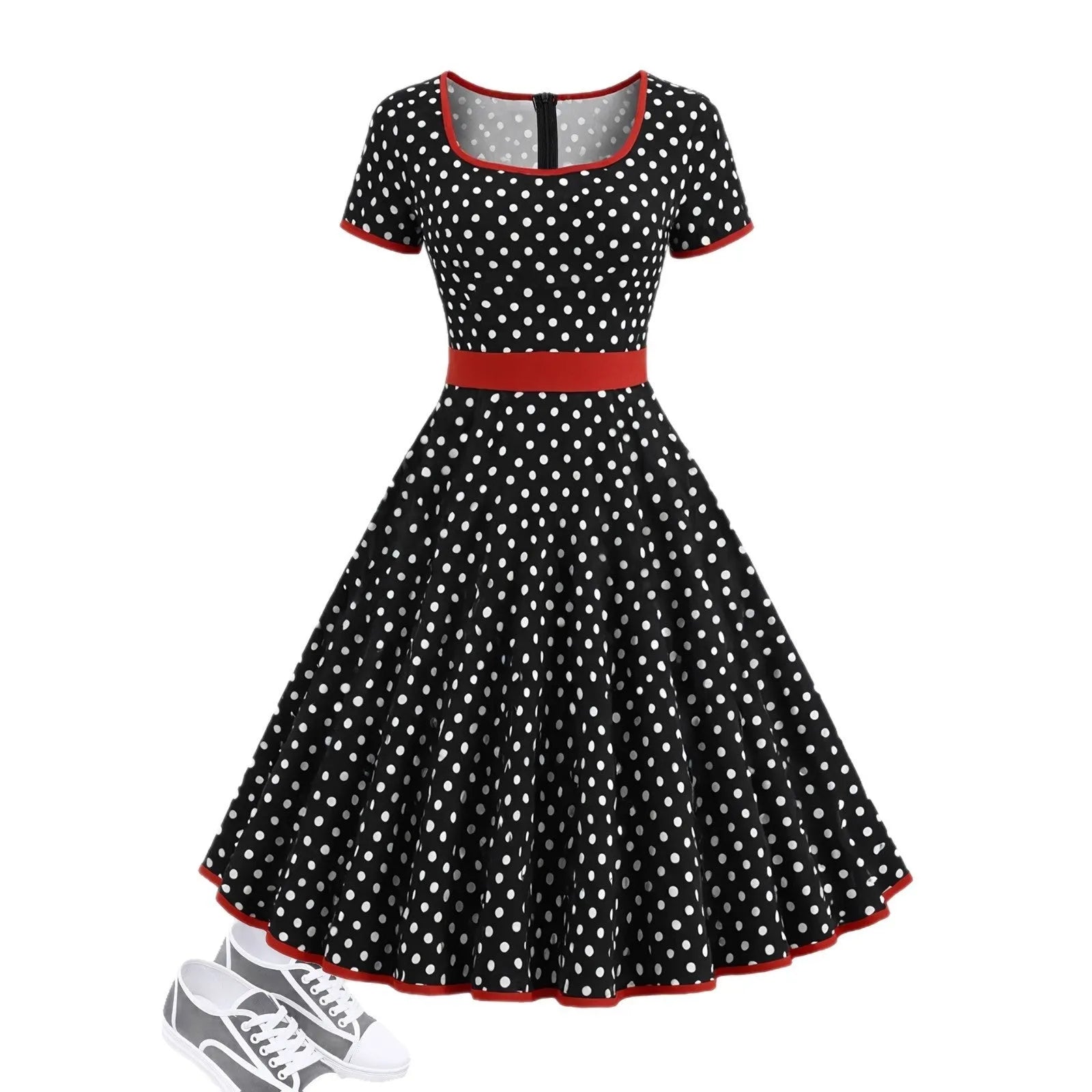 Multicolour polka dot dress with a square neckline, short sleeves, front zipper, and a pleated midi skirt on a hanger.