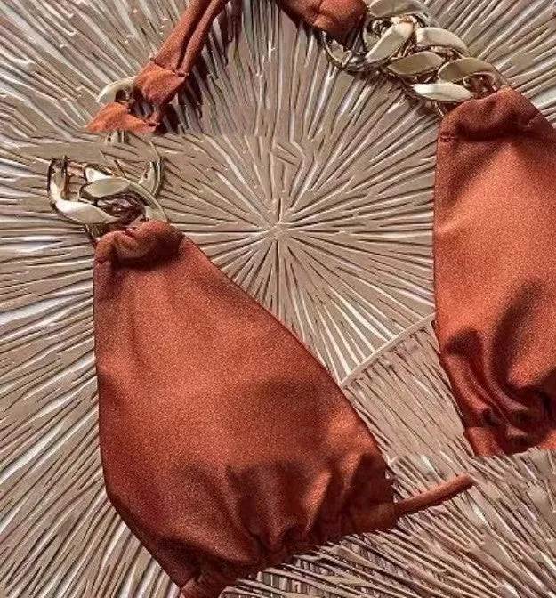 Brown women's tube-top bikini with adjustable ring-tether straps and push up padding.