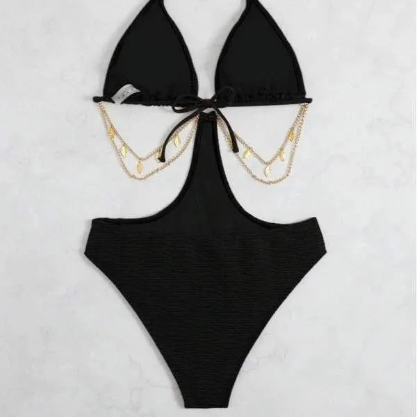 Women's black bikini swimsuit with a metallic chain strap detail on the top.
