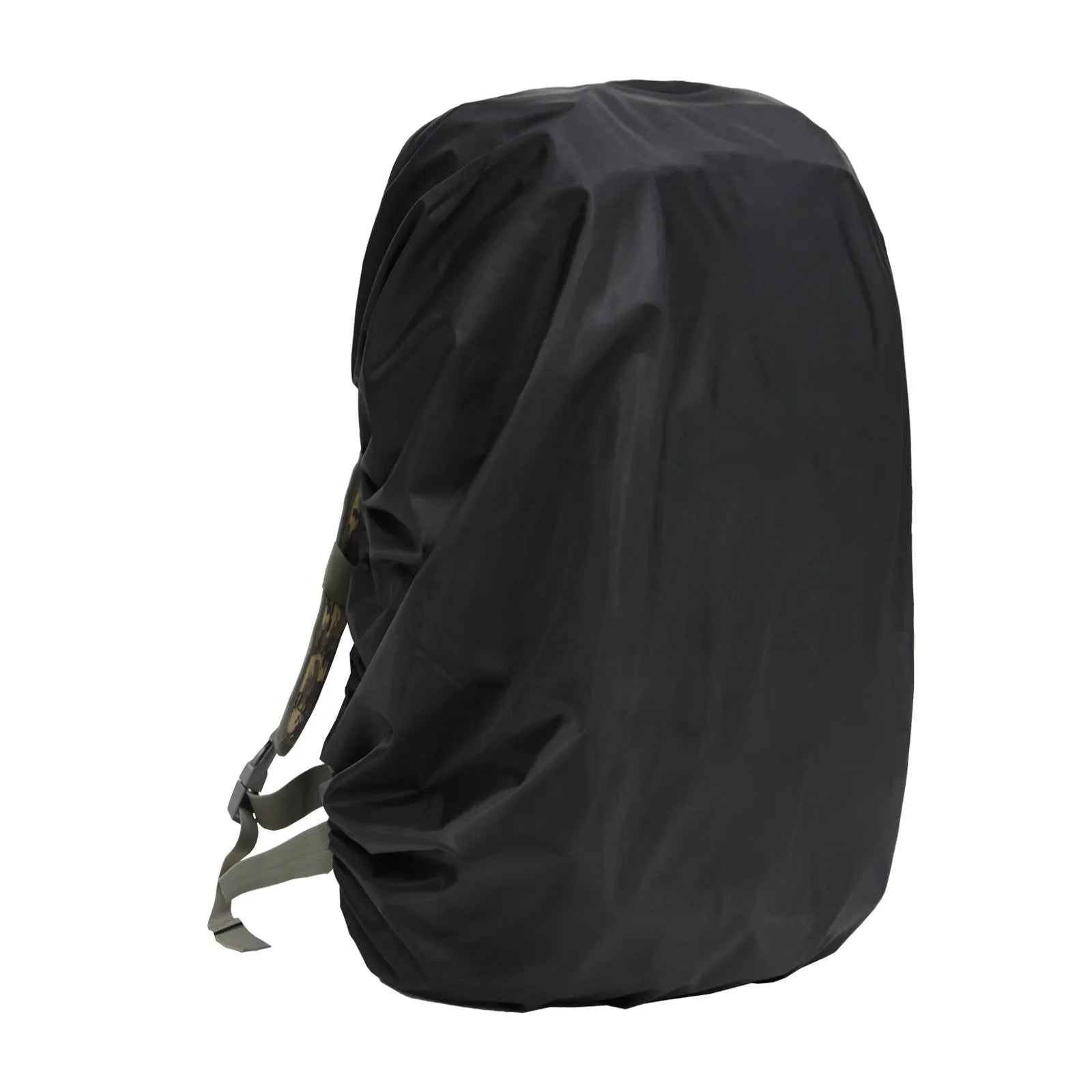 Waterproof backpack rain cover in army green, shown fitted over a large hiking pack.