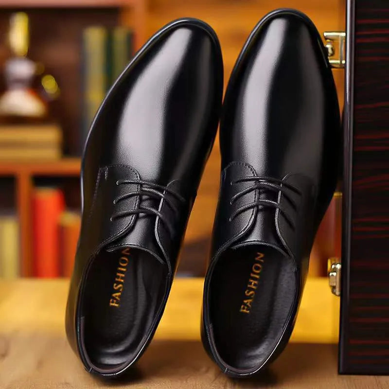 Men's pointed toe business shoes with sequin detail, PU upper, rubber sole, shown in black and brown.