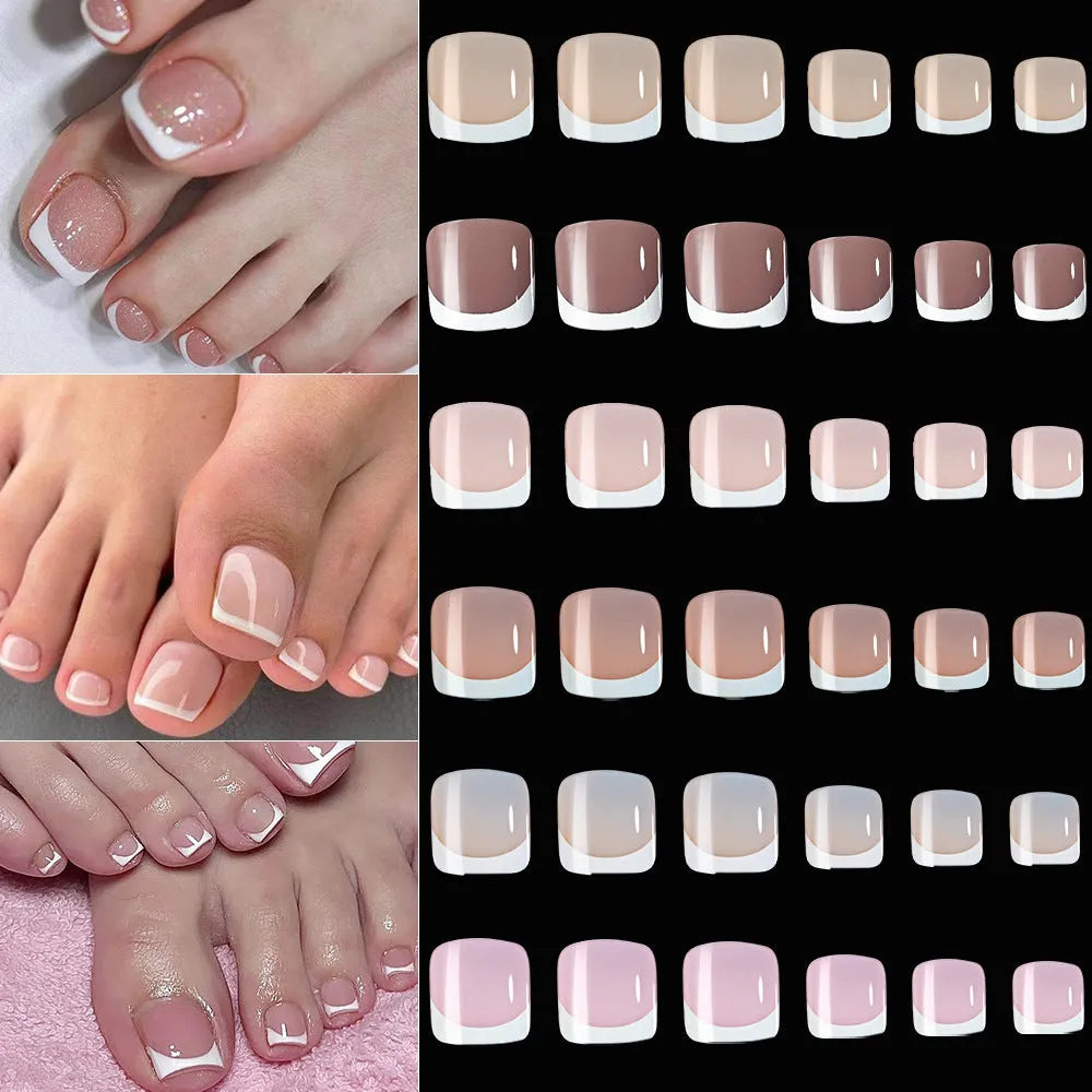 Box of 120 French style nude square artificial toe nail pieces in nine colour shades