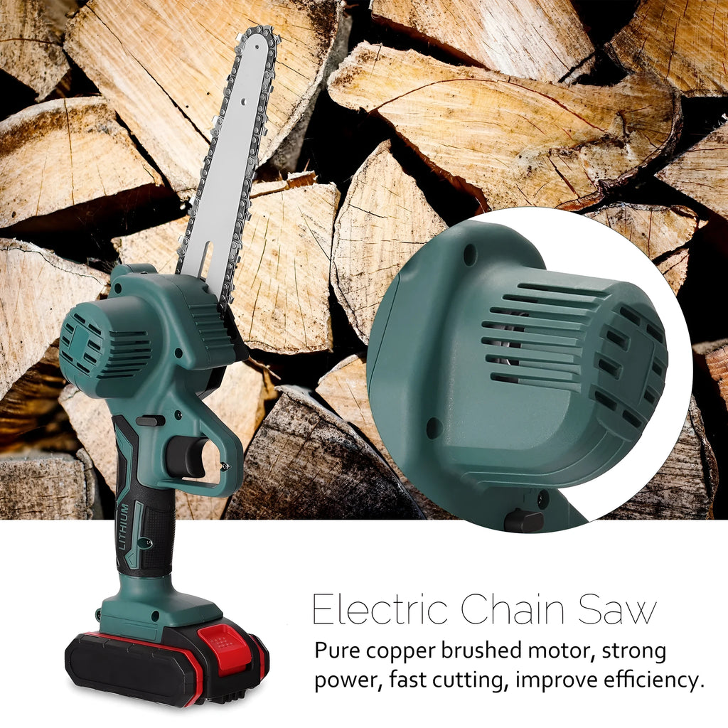 Black one-hand mini electric chainsaw with a 4-inch guide bar on a workbench.