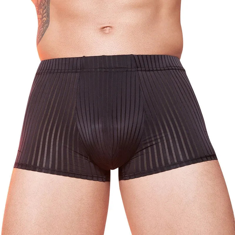 Men's striped lightweight nylon underwear in black, shown flat.