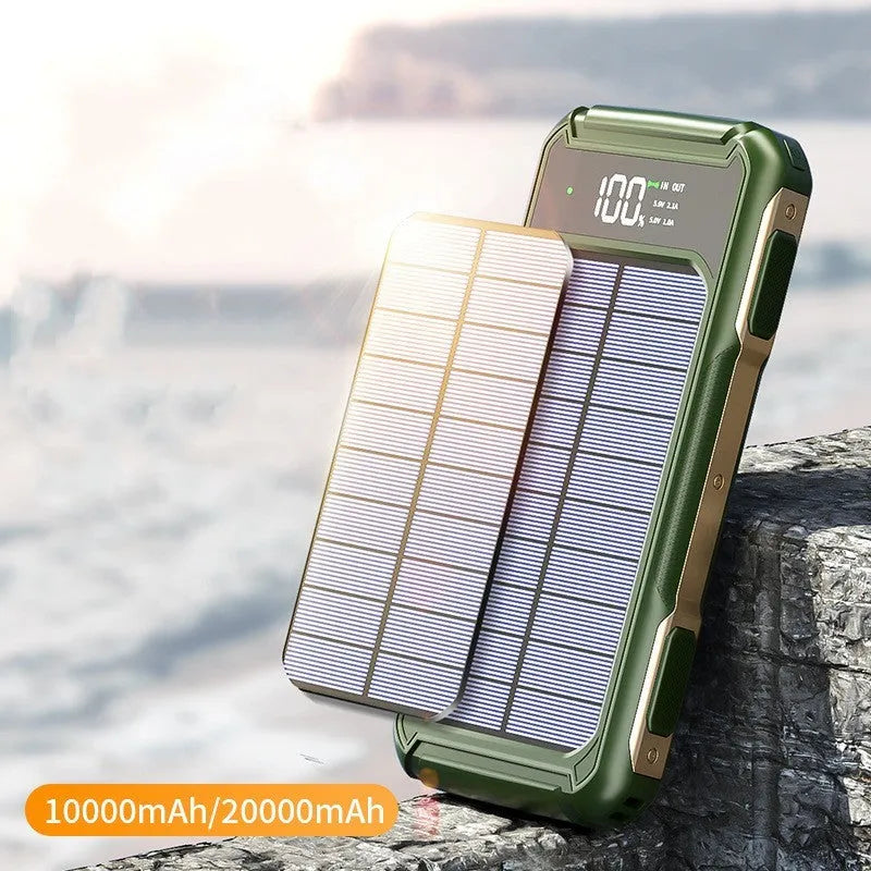 Military grade portable power bank in black, green, or orange colour showing size comparison and dual USB output ports.