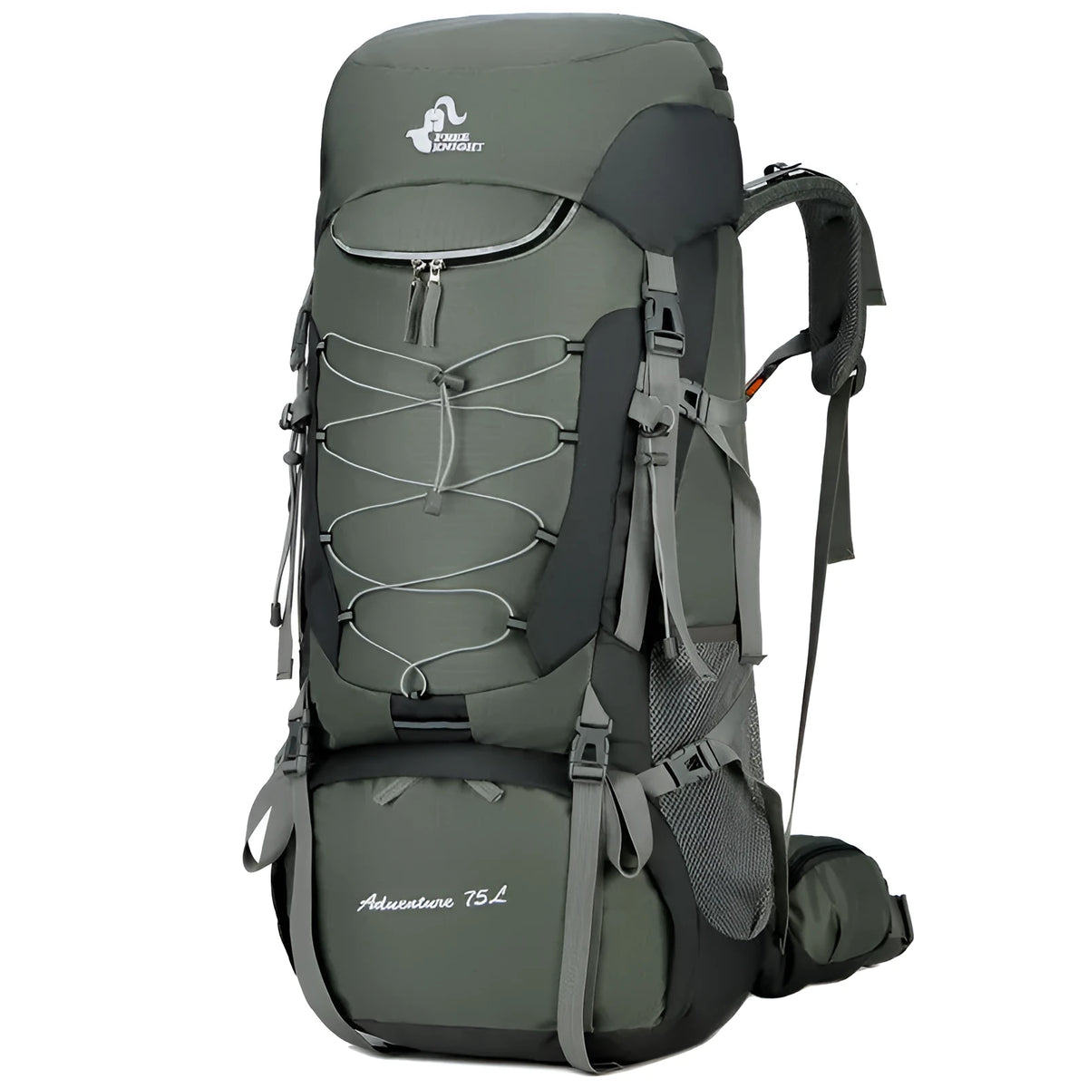 Large capacity 56-75L nylon hiking backpack in green for camping and travel