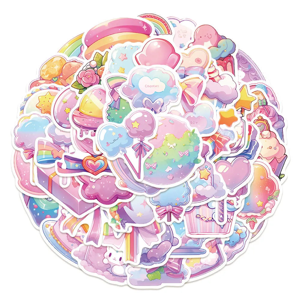 Pack of 50 sheets of cute candy-themed waterproof decorative stickers for crafts.