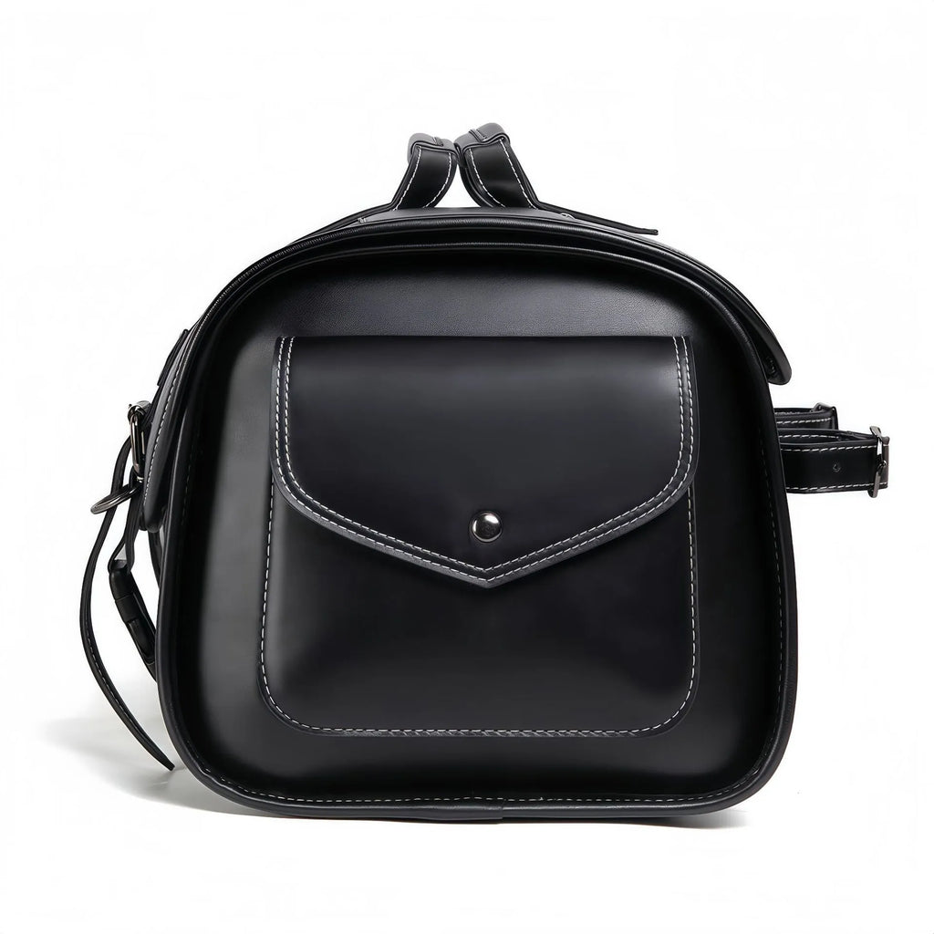 Single dark punk motorcycle side bag with a coded lock on a black background.