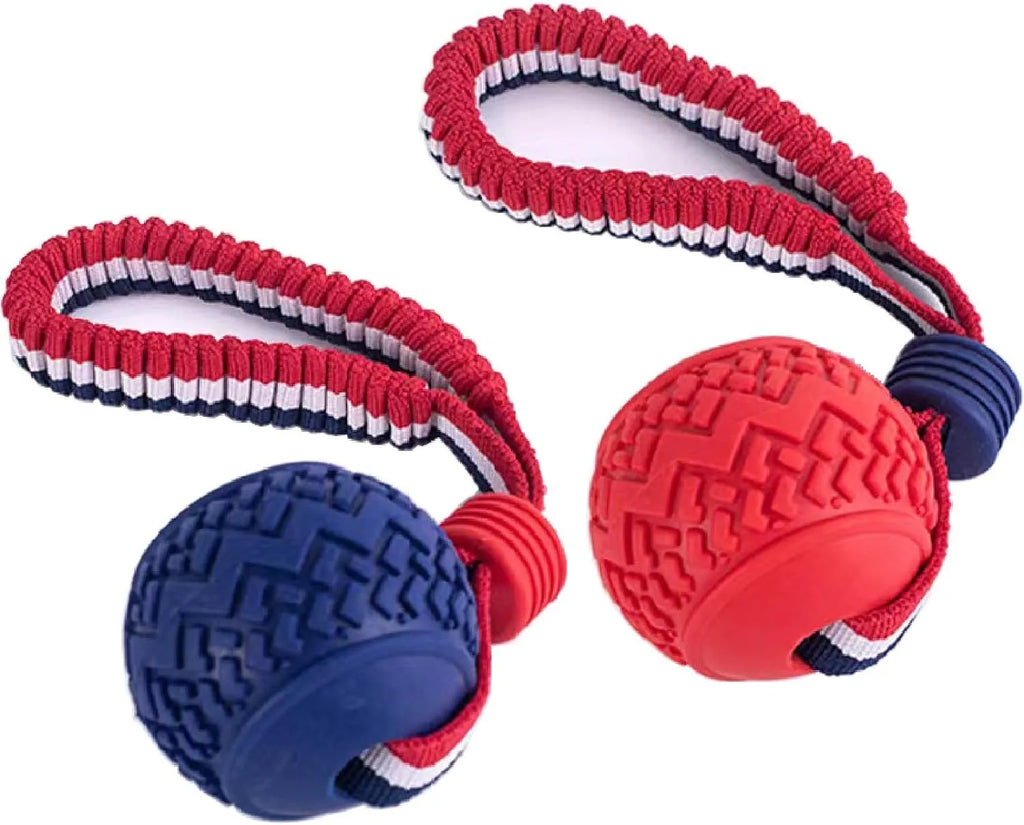 Blue natural rubber dog ball with rope toy, textured surface, shown with measurements