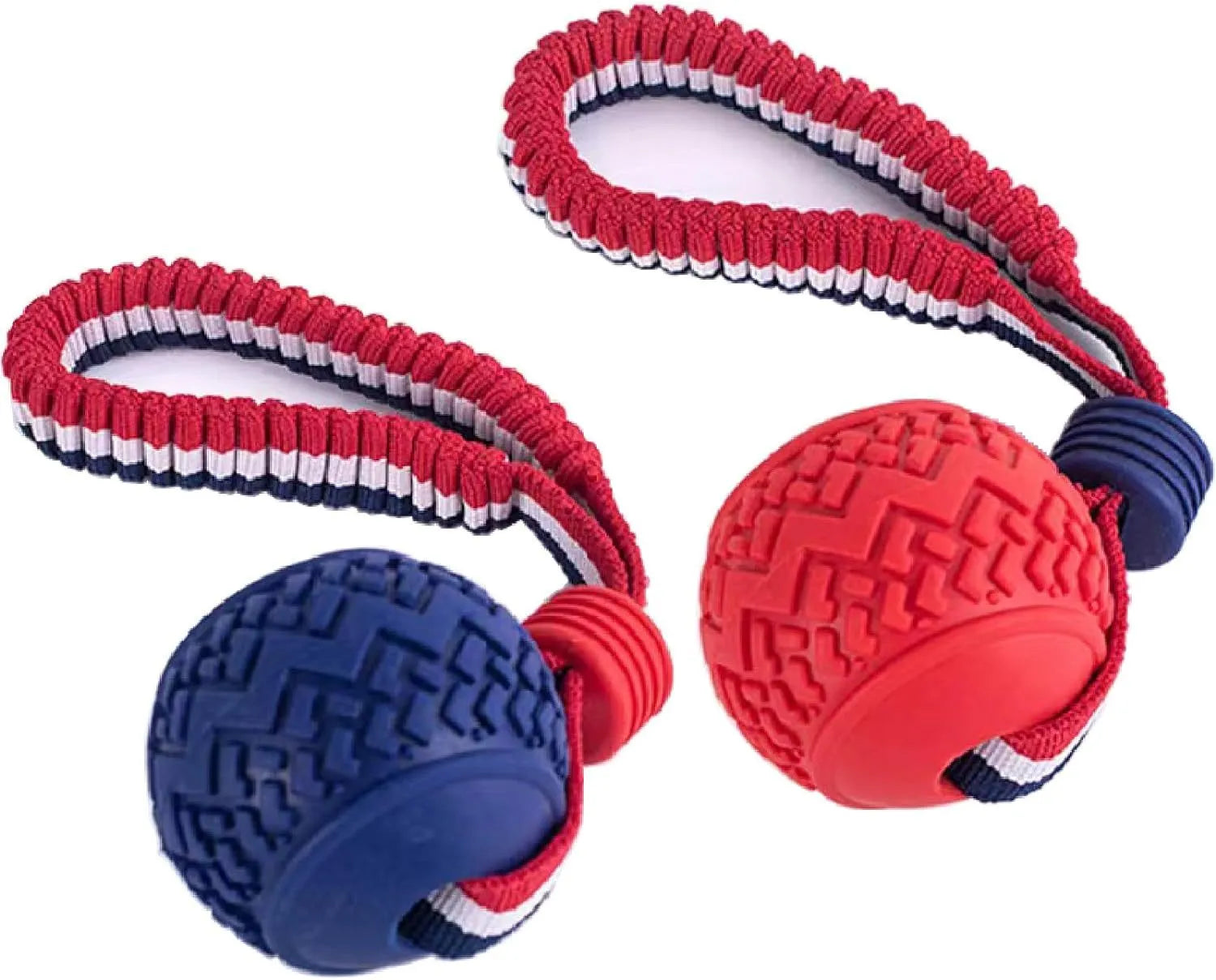 Blue natural rubber dog ball with rope toy, textured surface, shown with measurements