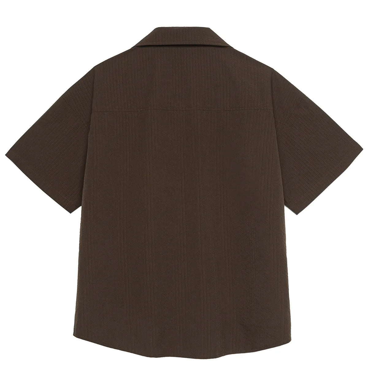 Brown striped men's short sleeve outdoor shirt with Cuban collar on a mannequin.
