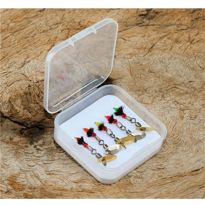 Five bionic poison mosquito fishing hooks with spinning sequins in multicolour patterns