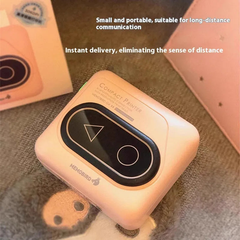 Portable Bluetooth mini printer with thermal paper in avocado green, pink, small yellow duck, and white options