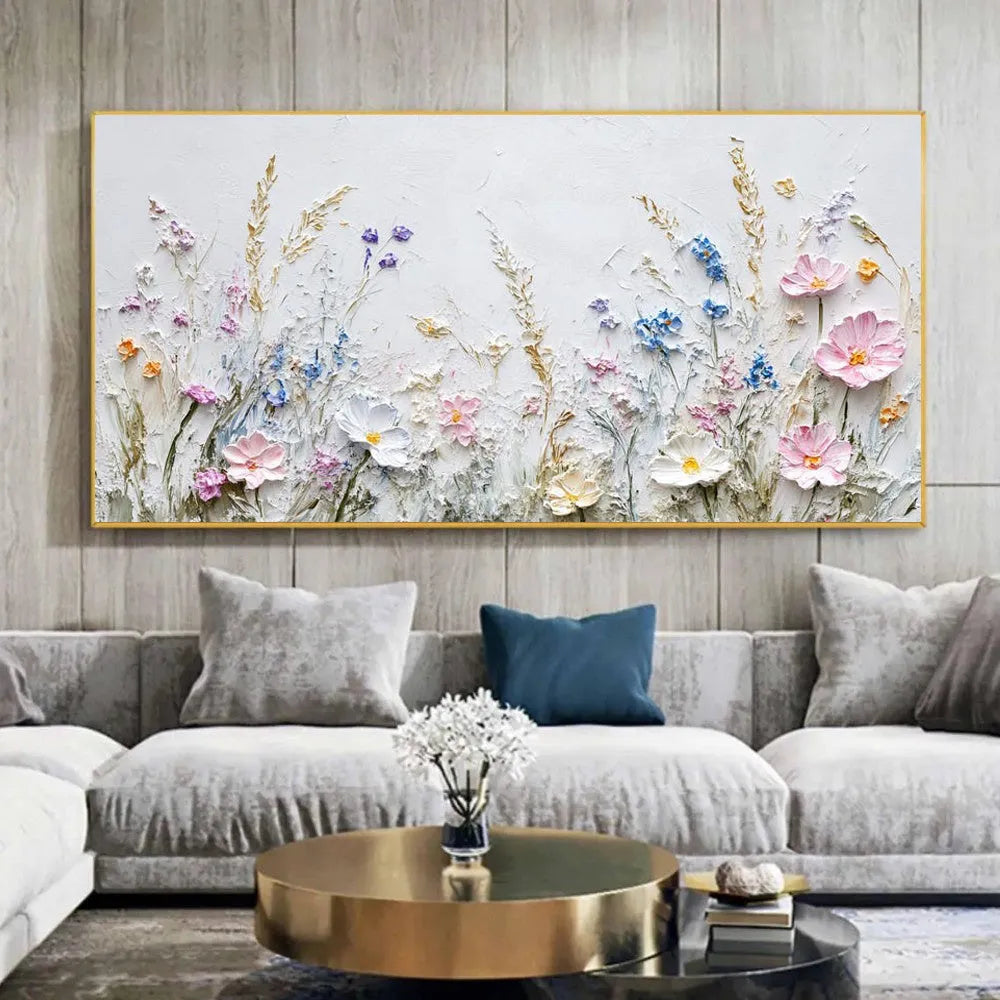 Handmade oil painting canvas wall art with 3D palette knife flowers in modern style, horizontal orientation, frameless and rolled
