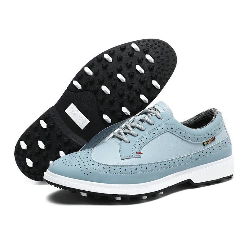 Men's lake blue and white genuine leather golf shoe with non-slip rubber outsole