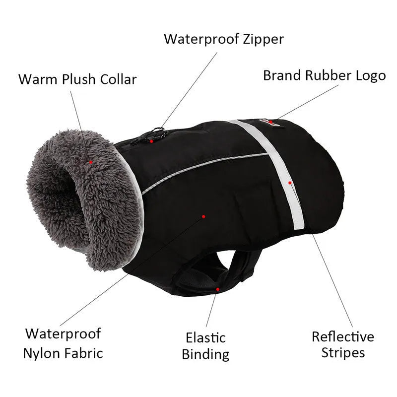 Thick warm dog vest with waterproof nylon, fleece lining, PP cotton filling, reflective and adjustable, black blue purple red