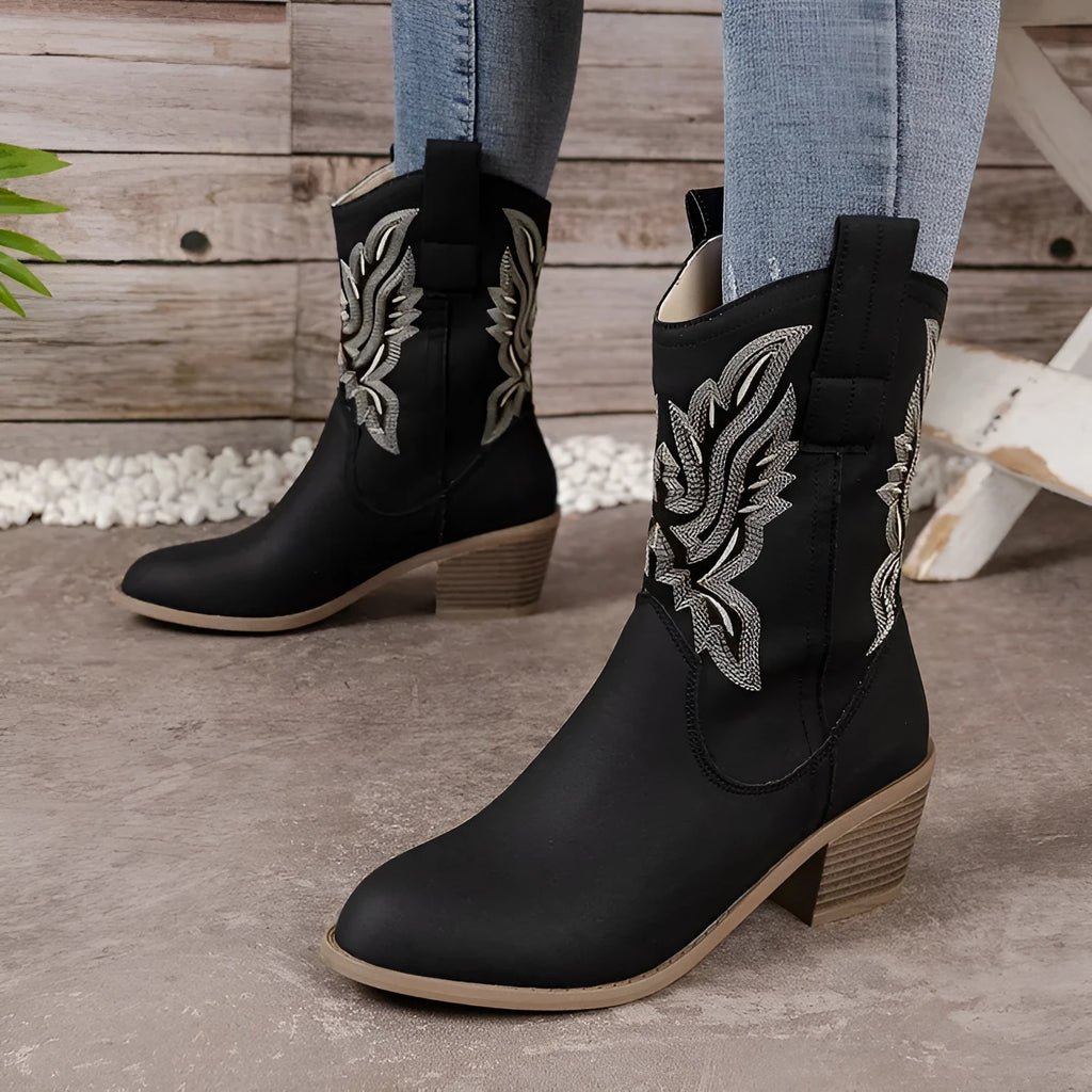 Women's suede mid-calf boots with V cut embroidered sleeve, chunky 3-5cm heel and pointed toe in Camel