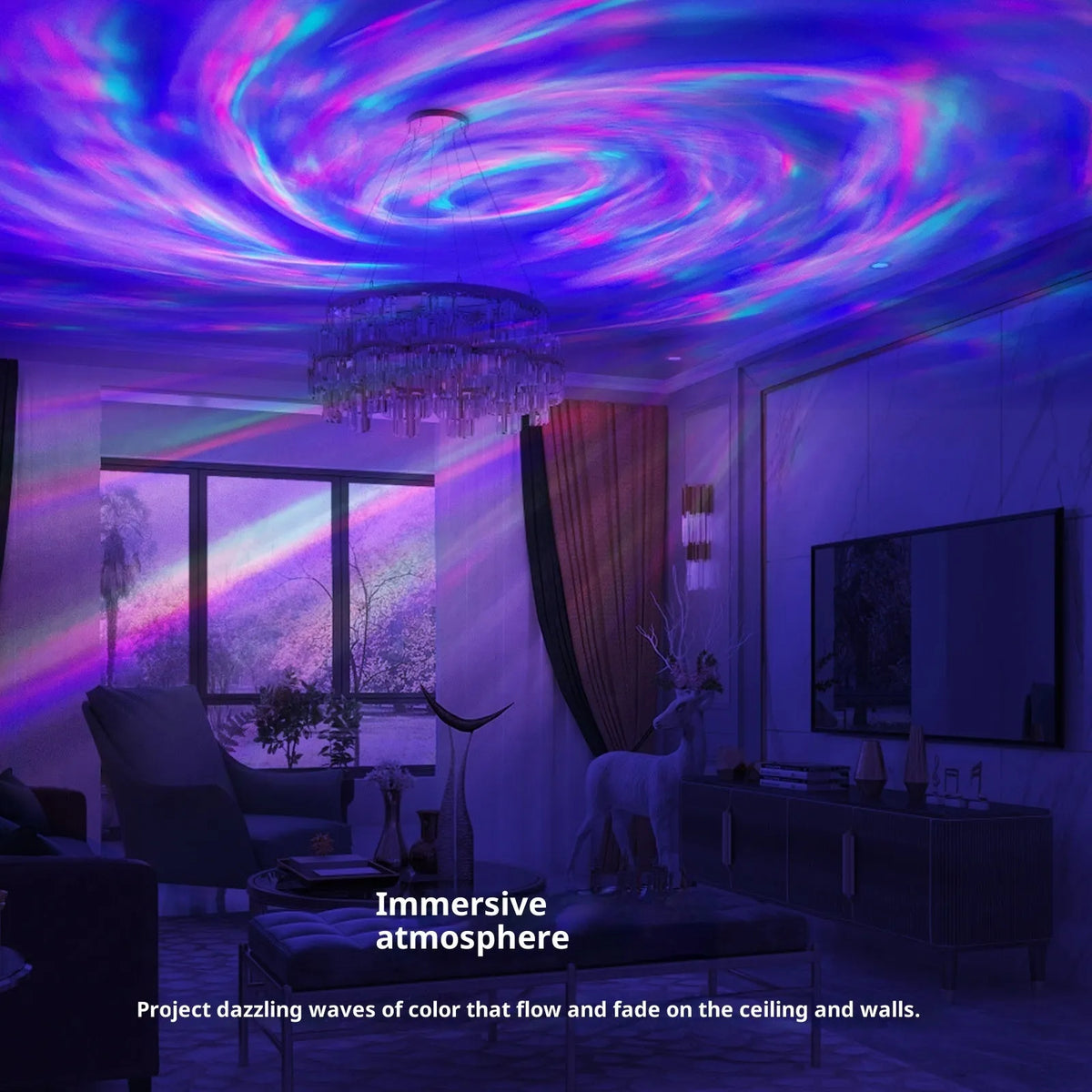 Northern lights projection lamp with star and flame effects, remote control, rechargeable battery and plug-in options, 3W power supply