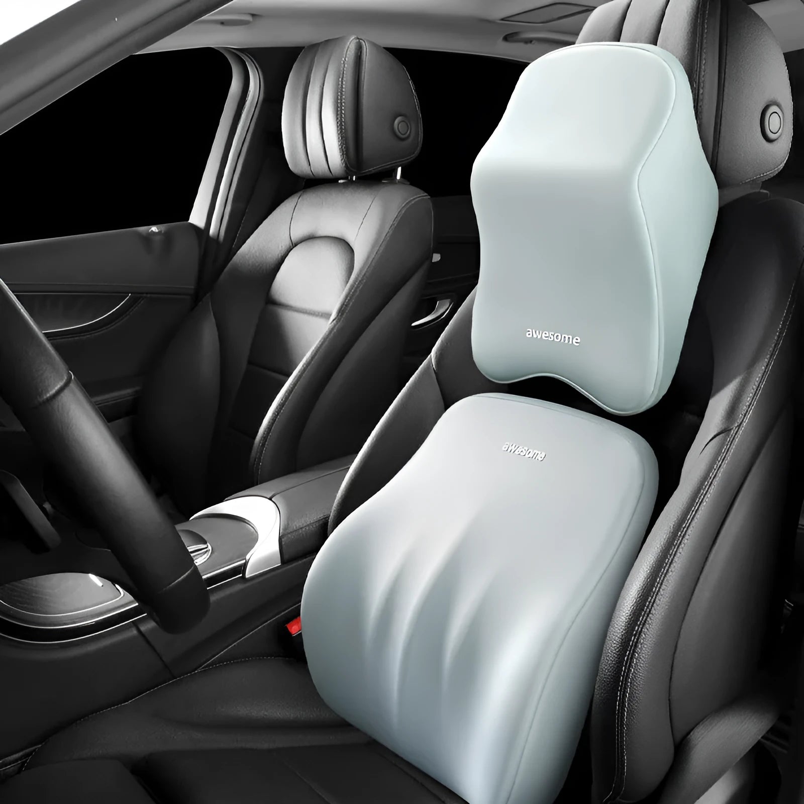 Memory foam car lumbar support pillow and matching headrest cushion in geometric pattern