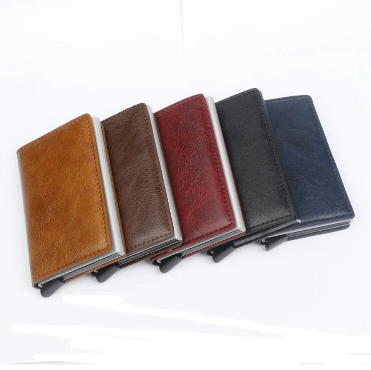PU automatic card holder with RFID blocking, aluminium alloy metal texture, slim 95mm design in brown