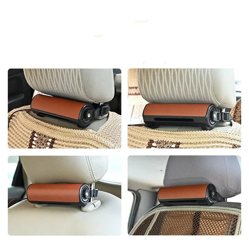 Ventilated bladeless car mounted fan in black with USB power cord and three-speed adjustment buttons