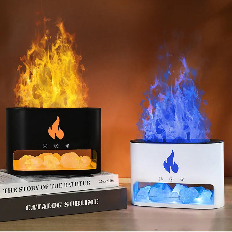 Square desktop flame humidifier with colourful 3D flame effect and crystal salt stone