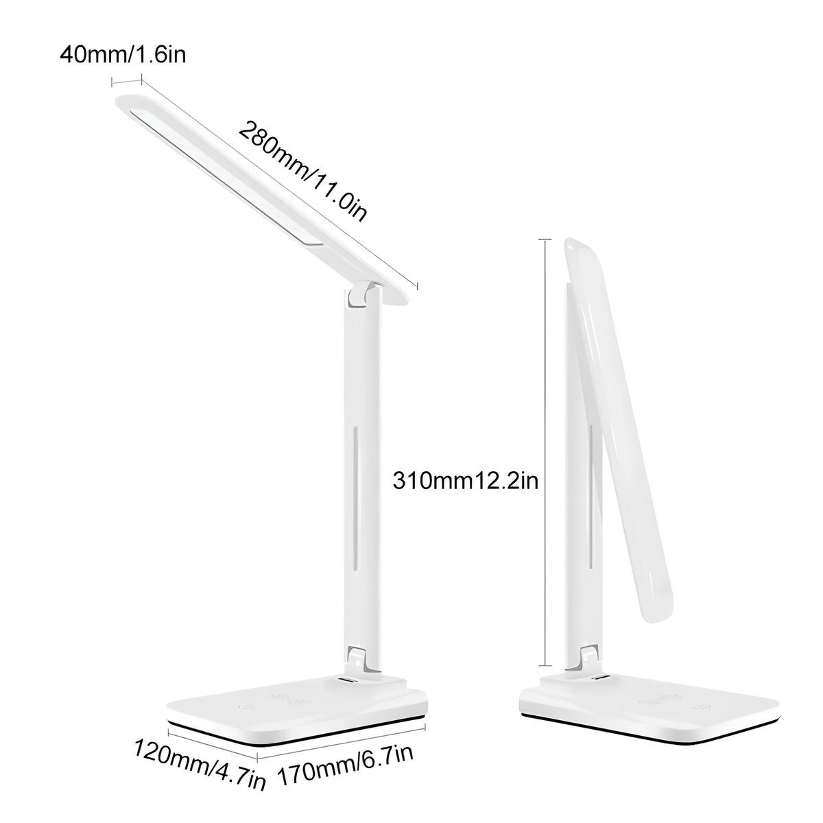 White eye protection desk lamp with wireless charging pad and touch dimmer on a desk