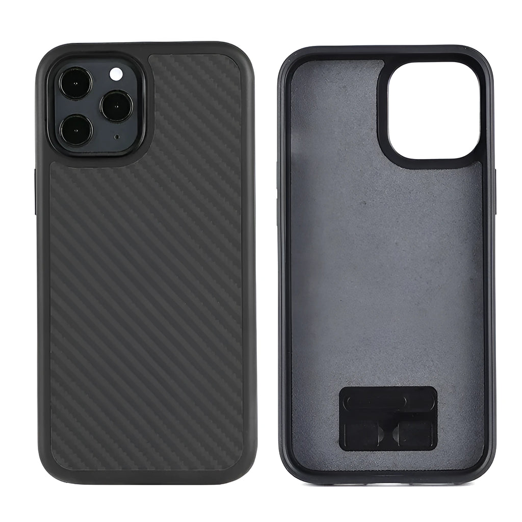 Black wooden back cover case for iPhone on a table.